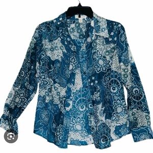 Coldwater Creek Blue Floral Paisley Button-Down Shirt